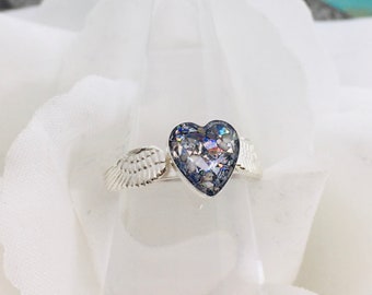 Sterling Silver Heart Angel Wing Band Cremation Ring, Pet Ash Memorial Ring, Loss of Pet Keepsake, Urn Ring, Pet Loss Ring, Stacking Ring