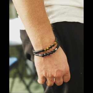 Men&#39;s Leather Cremation Bracelet, Unisex Ash Urn Bracelet, Lava Stone and Tiger&#39;s Eye, Human Ash Jewelry, Pet Memorial Bracelet