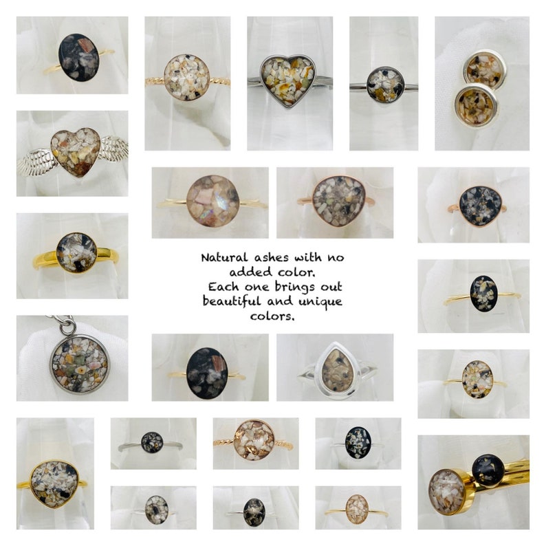 May include: A collection of cremation rings in various shapes and styles. The rings are made with natural ashes and feature unique colours and patterns. Each ring is a beautiful and unique way to remember a loved one.