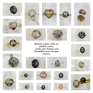 May include: A collection of rings featuring various metal bands and settings filled with natural ash fragments in shades of black, white, tan, and gray. The text reads: Natural ashes with no added color. Each one brings out beautiful and unique colors.