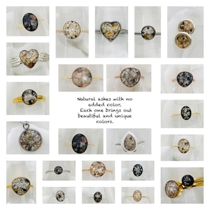 May include: A collection of cremation rings with different shapes and styles. The rings are made with natural ashes and feature unique colors and patterns. Each ring is a beautiful and unique way to remember a loved one.