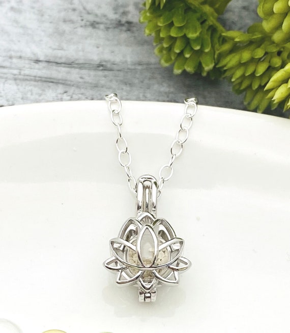 Sterling Silver Lotus Flower Cremation Necklace, Glass Orb Locket For Ashes, Pet Memorial Keepsake,  Cremains Locket, Dainty Lotus