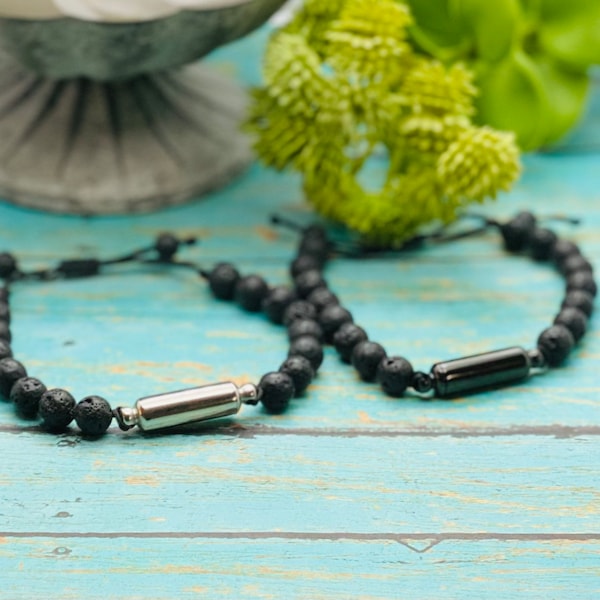 Unisex Lava Stone Bead Cremation Bracelet, Men's Adjustable Urn Bracelet For Ashes, Capsule For Cremains Jewelry, Black Silver Urn Bracelet