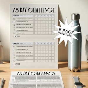 Puede incluir: Un rastreador de desafíos de 75 días imprimible con un diseño en blanco y negro. El rastreador incluye secciones para el progreso diario, notas y una lista de verificación de tareas diarias. El texto "75 Day Challenge" está impreso en letras negras en negrita en la parte superior de la página.