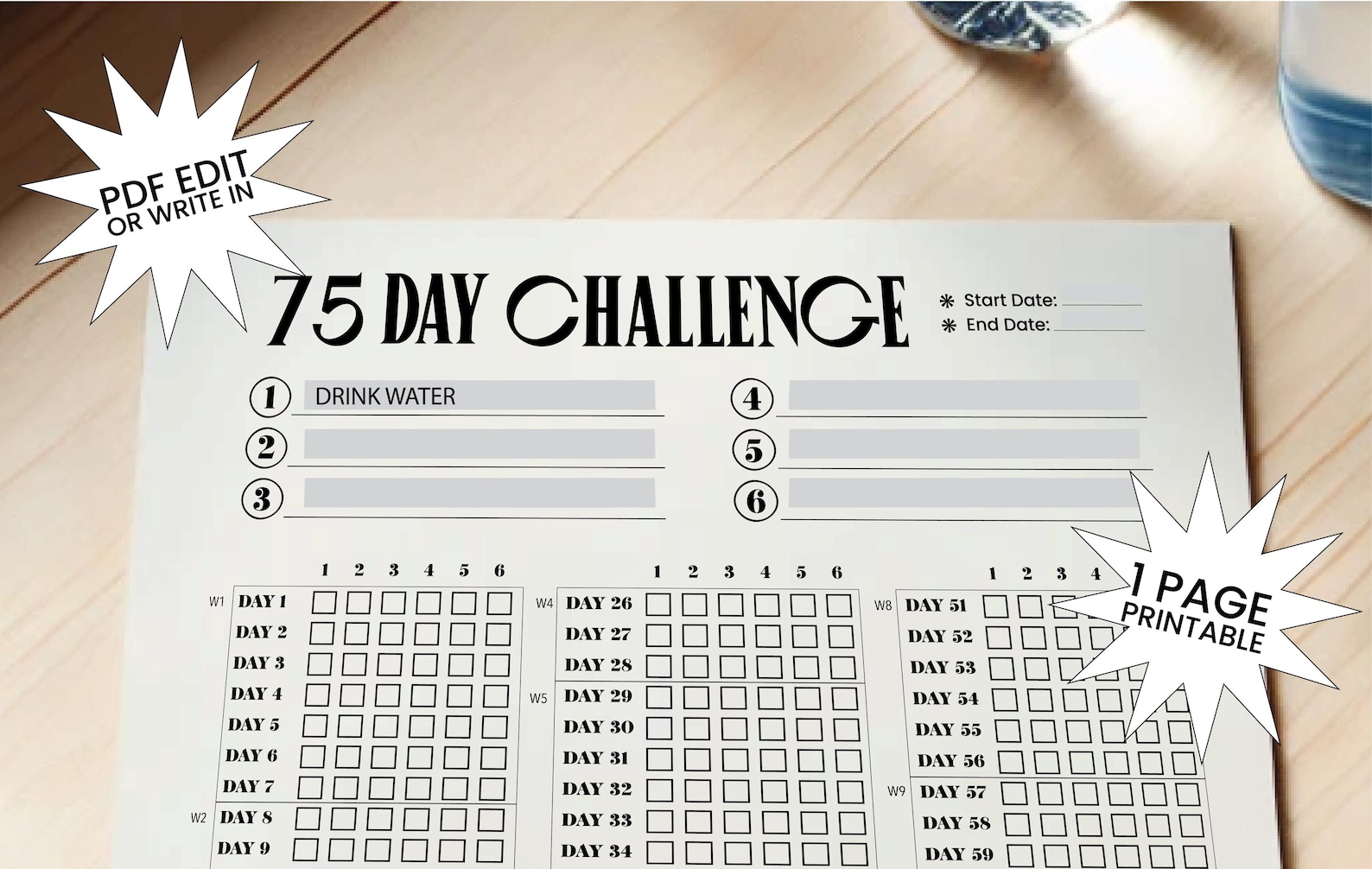 75 Day Challenge Editable Printable PDF, 75 Day Editabletracker, 75 Day ...