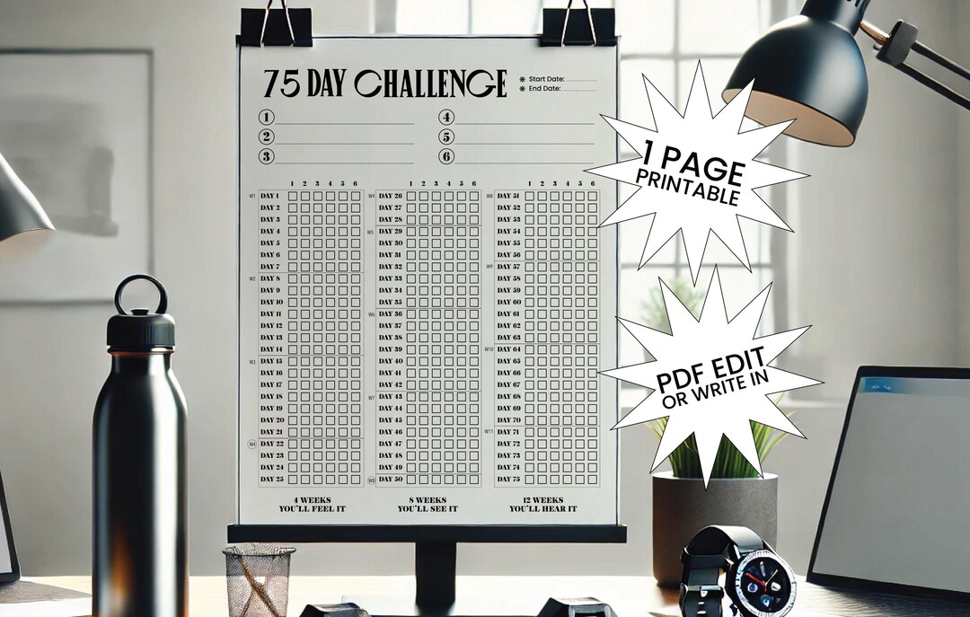 75 Day Challenge Editable Printable PDF, 75 Day Editabletracker, 75 Day ...