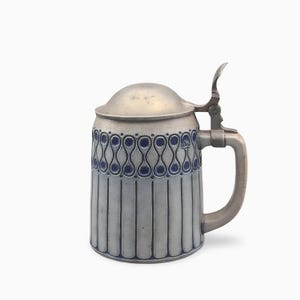 Chopine à bière allemande ancienne en grès, couvercle en étain, style Art nouveau Westerwald, années 1900, style Merkelbach, à glaçure bleue salée, pièce de collection