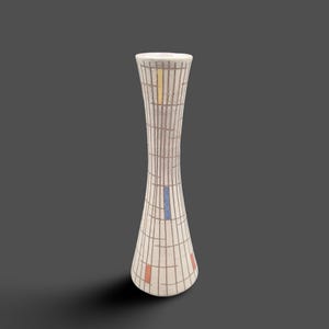 May include: A tall, off-white ceramic vase with a geometric design. Vertical and horizontal brown lines create a grid pattern. Accents include yellow, blue, and red rectangular shapes. The vase has a flared base and a narrow neck.
