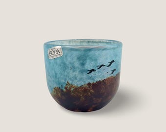 Art Glass Tealight Signed Kjell Engman Kosta Boda Sweden Scandinavian Design Birds Landscape Vintage Style