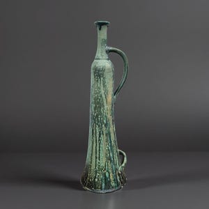 Extra grote handgemaakte keramische vloervaas 73 cm | Sculpturaal aardewerk | Hoge vaas met groene druipglazuur