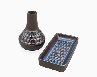 Vintage Søholm Bornholm Keramik Set von  Einar Johansen Vase und Schale Blaue Serie 1960er Jahre