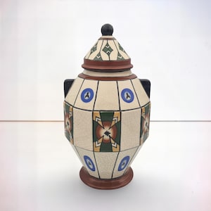 Authentic Original Art Deco Lidded Ceramic Potiche Belgium 1920s 1930s Geometric Craquele Glaze Collectible