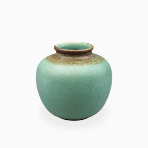 Könnte beinhalten: Eine kleine, runde Keramikvase mit einer glatten, matten Oberfläche in einem sanften Schaumgrün. Die Vase hat einen kurzen, schmalen Hals mit einem markanten, strukturierten braunen Rand, der in den grünen Körper mit gesprenkelter Optik übergeht.