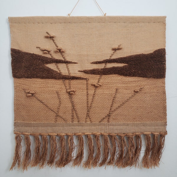 Vintage 1980s ICA woven jute fiber art tapestry wall hanging boho decor