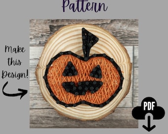 May include: A digital download pattern for a string art pumpkin. The pattern shows a pumpkin with a jack-o'-lantern face on a wooden background. The text "Make this design!" is in the lower left corner of the image. The text "STRING ART Digital Download Pattern" is at the top of the image. The text "PDF" is in the lower right corner of the image.