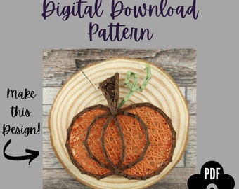 Op de afbeelding: String art patroon voor een pompoen op een houten achtergrond. Het patroon is gemaakt met spijkers en touw. De tekst "Make this design!" staat in de linkerbenedenhoek van de afbeelding. De tekst "STRING ART Digital Download Pattern" staat bovenaan de afbeelding. De tekst "PDF" staat in de rechterbenedenhoek van de afbeelding.