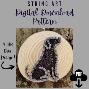 May include: A digital download pattern for string art of a dog sitting on a wooden slice. The dog is made of black and grey string.