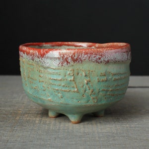 Bol à matcha vert et rouge, Chawan en grès vert