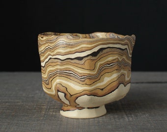 Faceted yunomi tea cup, Agateware whiskey glass, Nerikomi coffee cup