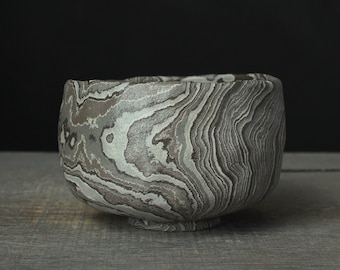 Gray nerikomi chawan, Mokume gane tea bowl