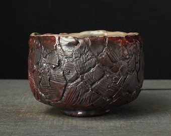 Copper red chawan, Wood fired raku bowl