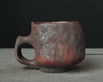 Copper red raku mug, Wood fired coffee cup