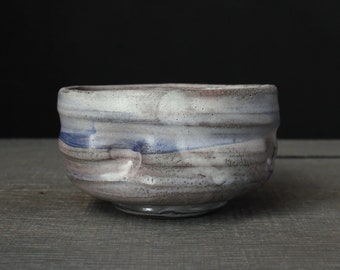 Gray and blue chawan, Wood fired raku bowl