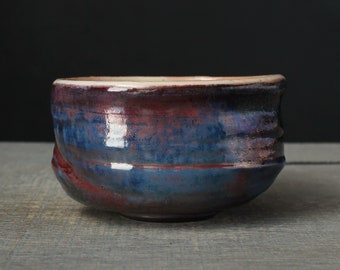 Blue and purple chawan, Wood fired raku bowl