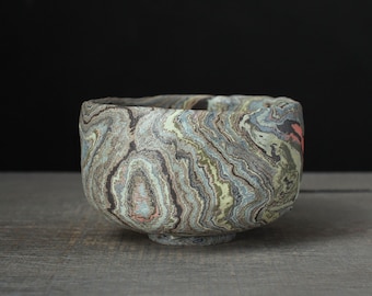 Agateware tea bowl, Green and blue nerikomi chawan