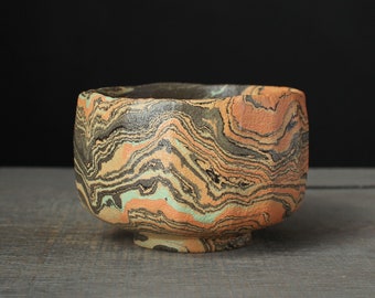 Nerikomi tea bowl, Orange and green chawan