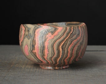 Agateware tea bowl, Green and red nerikomi chawan