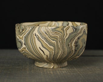 White and blue agateware chawan, Wabi sabi tea bowl