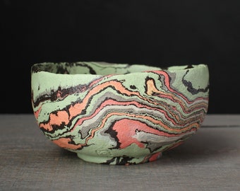 Agateware ramen bowl, Green and pink nerikomi bowl