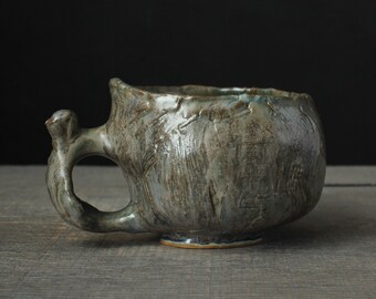 Green wabi sabi mug, Stoneware coffee mug