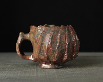 Copper red mug, Wood fired coffee cup, Collectible raku mug