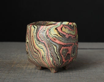 Rainbow agateware tea cup, Rectangular nerikomi cup