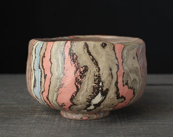 Beige and pink chawan, Agateware tea bowl
