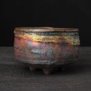 Raku tea bowl, Yellow and copper chawan