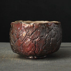 Copper red chawan, Wood fired raku bowl image 5