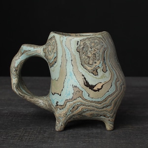 Agateware coffee mug, Beige and blue nerikomi mug