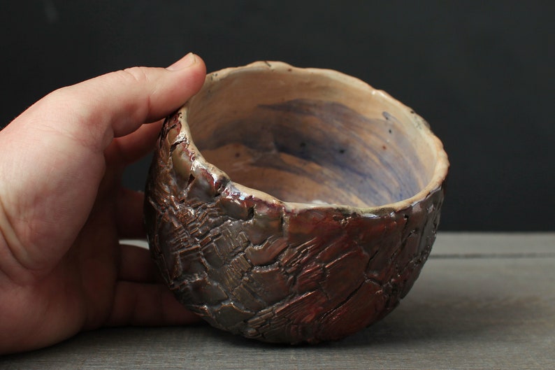 Copper red chawan, Wood fired raku bowl image 9