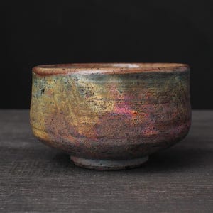 Yellow and copper chawan, Raku tea bowl