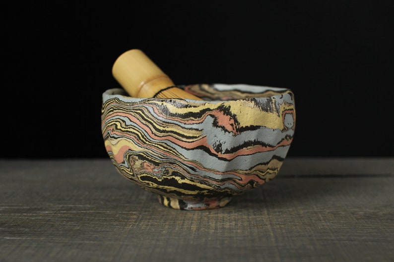 Faceted tea bowl, Nerikomi chawan image 6