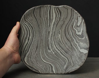 Gray agateware plate, Nerikomi ceramic dish, Neriage platter