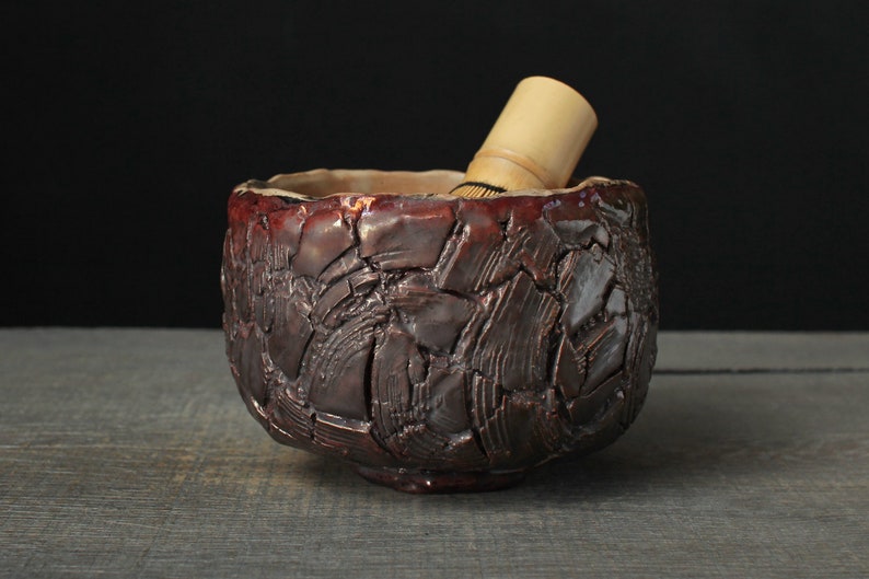 Copper red chawan, Wood fired raku bowl image 7