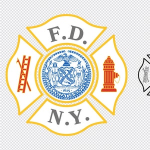Puede incluir: Un emblema de bomberos amarillo y blanco con el texto "F.D. N.Y." y un sello azul y blanco con el texto "Sigillum Civitatis Nov Eboraci 1625" en el centro.