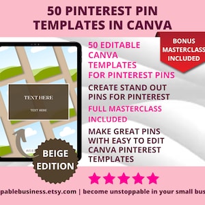 50 Pinterest Pin Templates in Canva BEIGE/NEUTRAL Colors Canva Templates For Pinterest Editable Templates Pinterest Templates Canva image 1