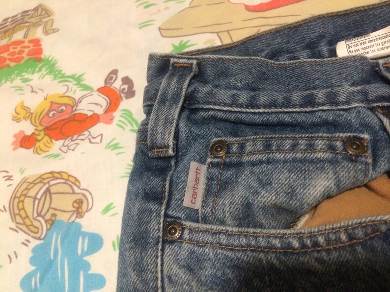 Vintage Work Worn Carhartt Blue Jeans 32 32\u201d Waist 31 31\u201d Inseam Vtg Distressed Denim Pants Jean