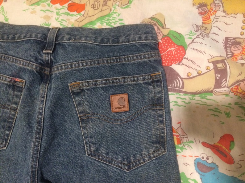 Vintage Work Worn Carhartt Blue Jeans 32 32\u201d Waist 31 31\u201d Inseam Vtg Distressed Denim Pants Jean