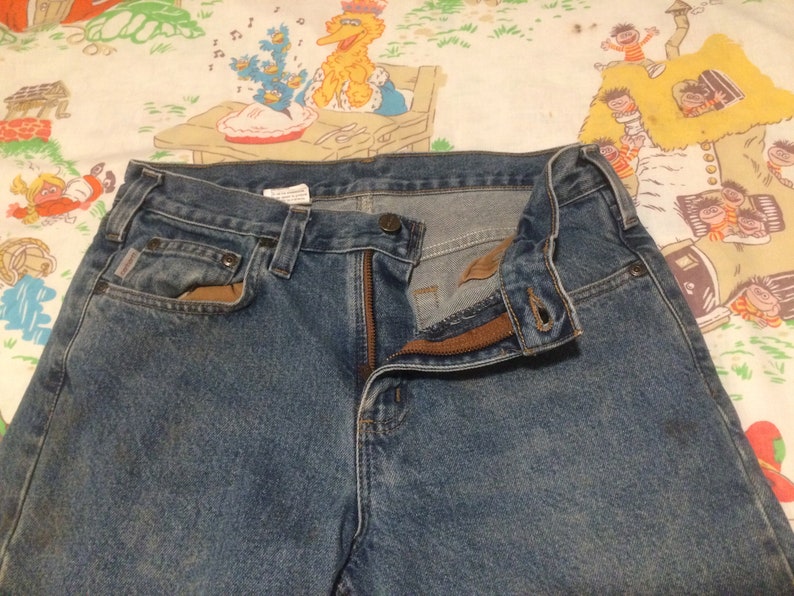 Vintage Work Worn Carhartt Blue Jeans 32 32\u201d Waist 31 31\u201d Inseam Vtg Distressed Denim Pants Jean